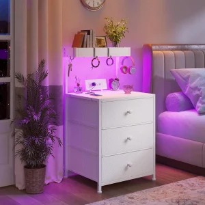 Nightstand with Charging Station & Led Lighting / 3 Drawers,