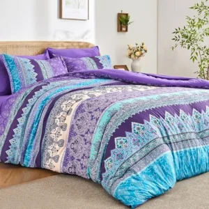 7 Pieces Bohemian Floral Striped Comforter and Sheet Set